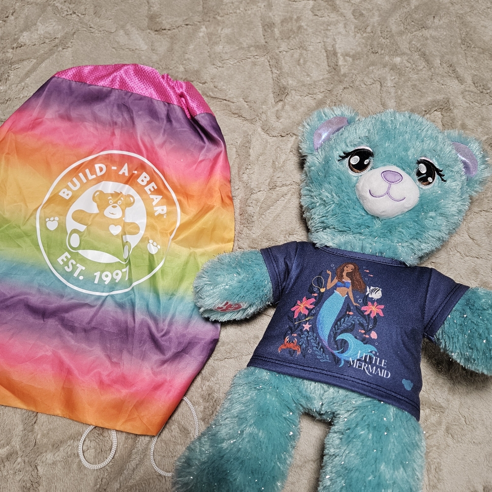 Build-A-Bear Little Mermaid Teal Teddy Bear with Rainbow Bag